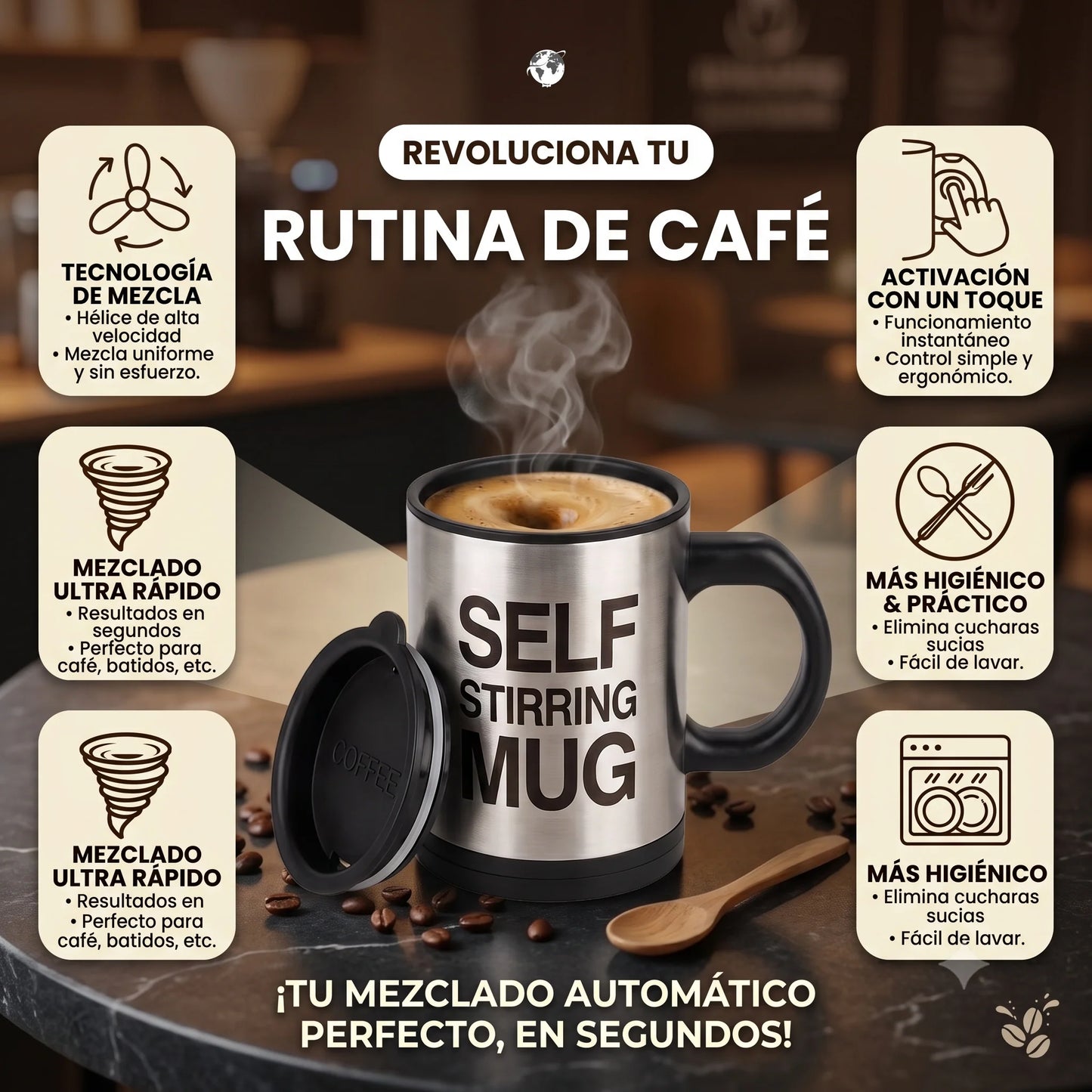 ¡Dile adiós a las cucharillas y a los grumos para siempre! ☕✨ Taza Mezcladora Automática