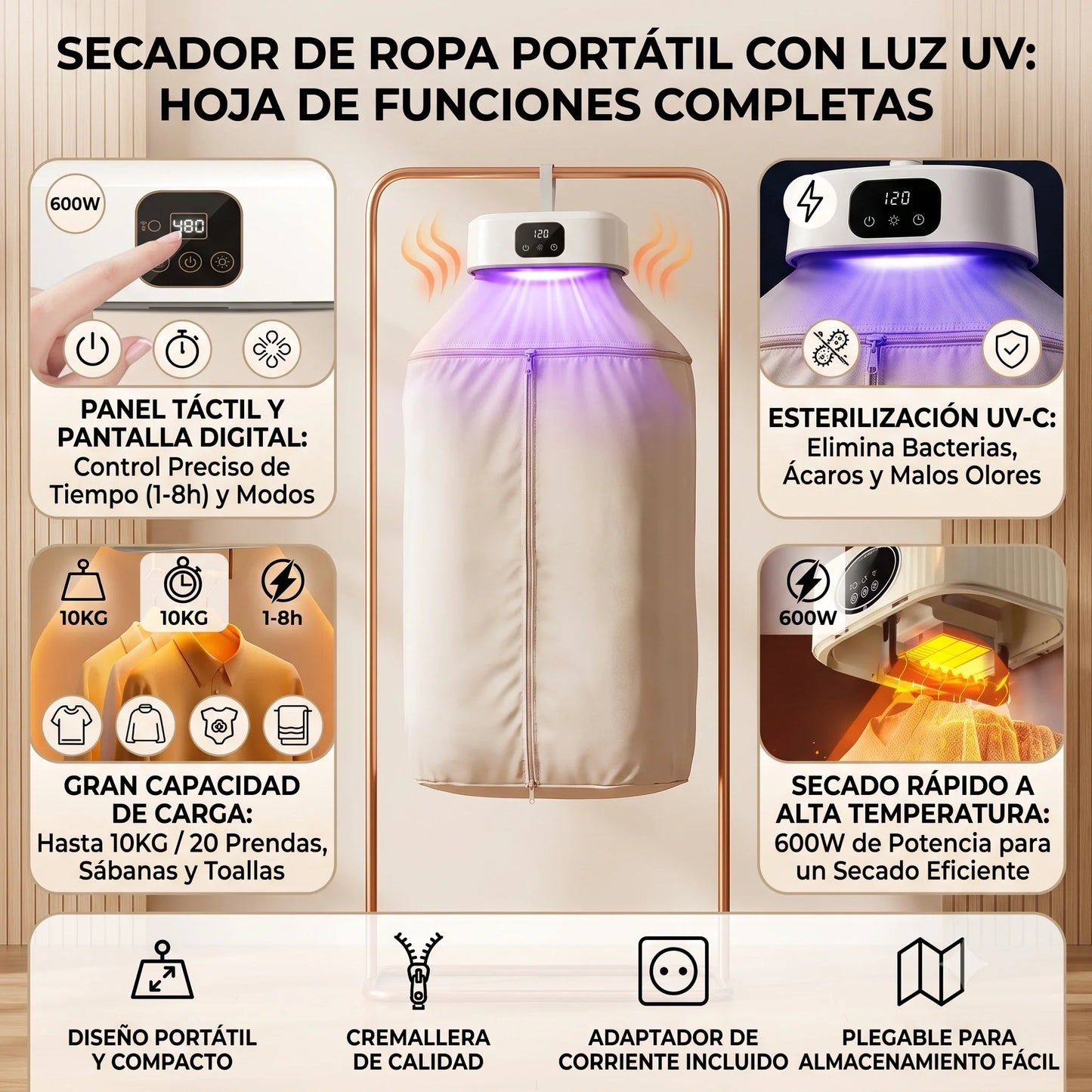 Secador de Ropa Portátil con Luz Uv Elimina Olores🔥🔥
